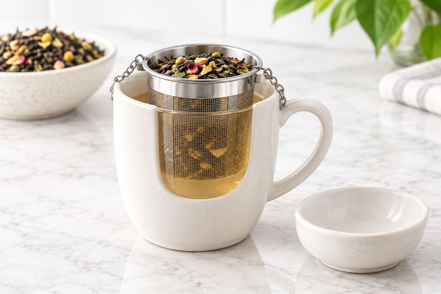 Mesh basket resting securely in a mug with a dish ready for removal
