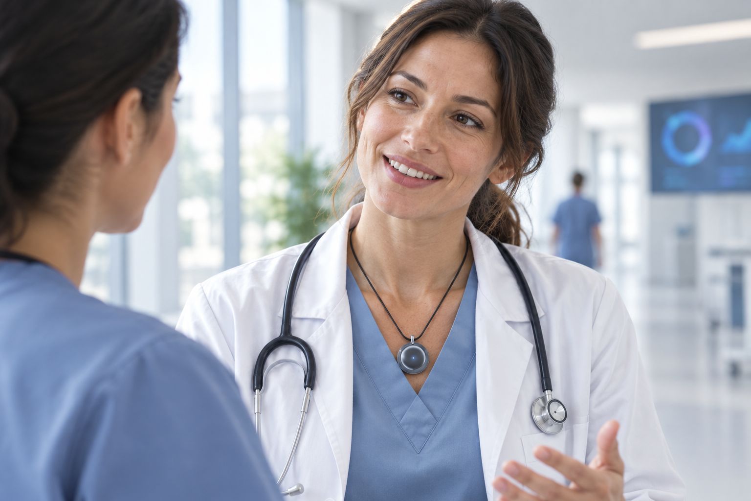 Healthcare worker wearing a small capture pendant during a hallway conversation