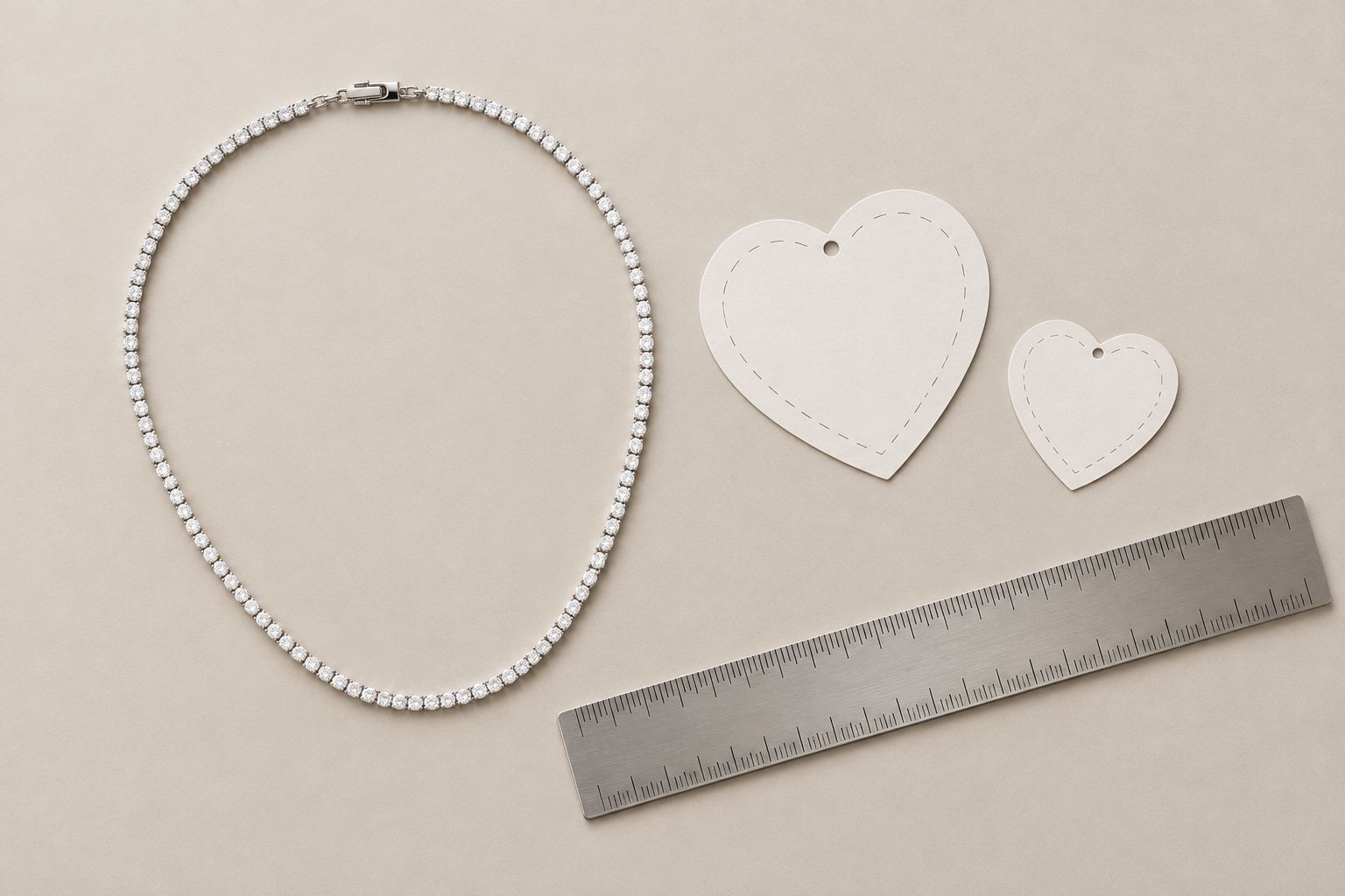 Necklace and paper pendant outlines arranged to compare physical scale
