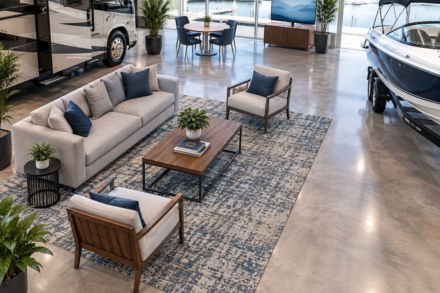 Dealership lounge with a rug beneath seating and a clear walkway beside it