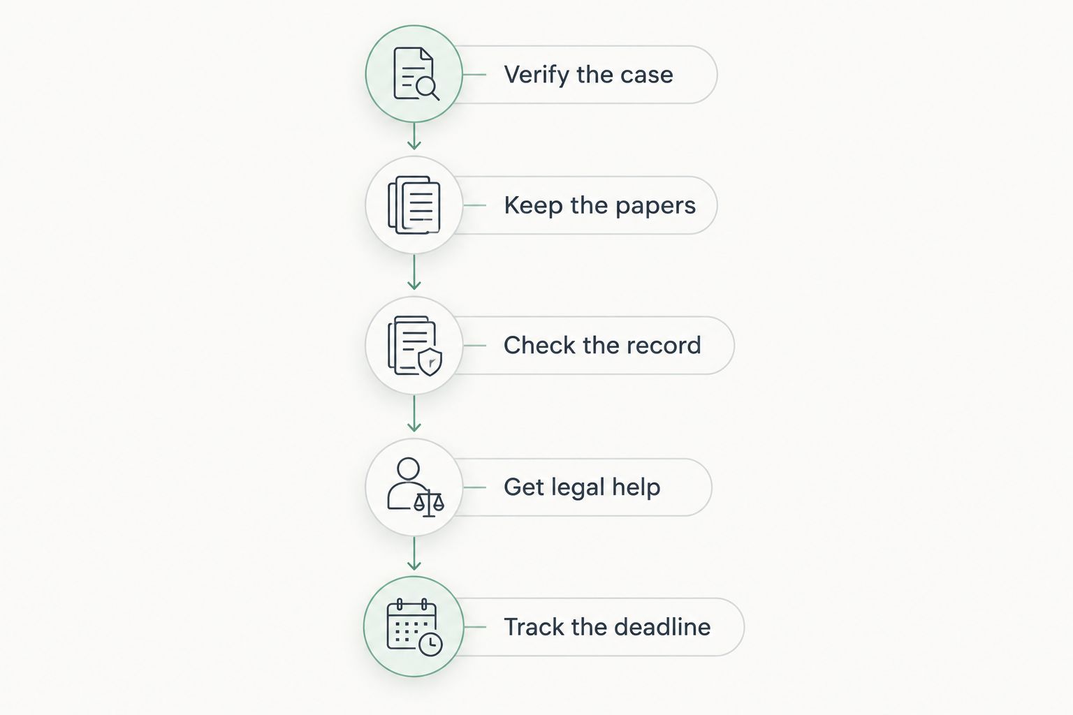 Steps for checking legal papers, preserving records, obtaining help, and tracking the deadline