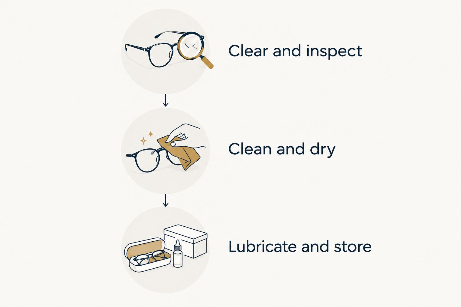 Three maintenance stages: clear and inspect, clean and dry, then lubricate and store.