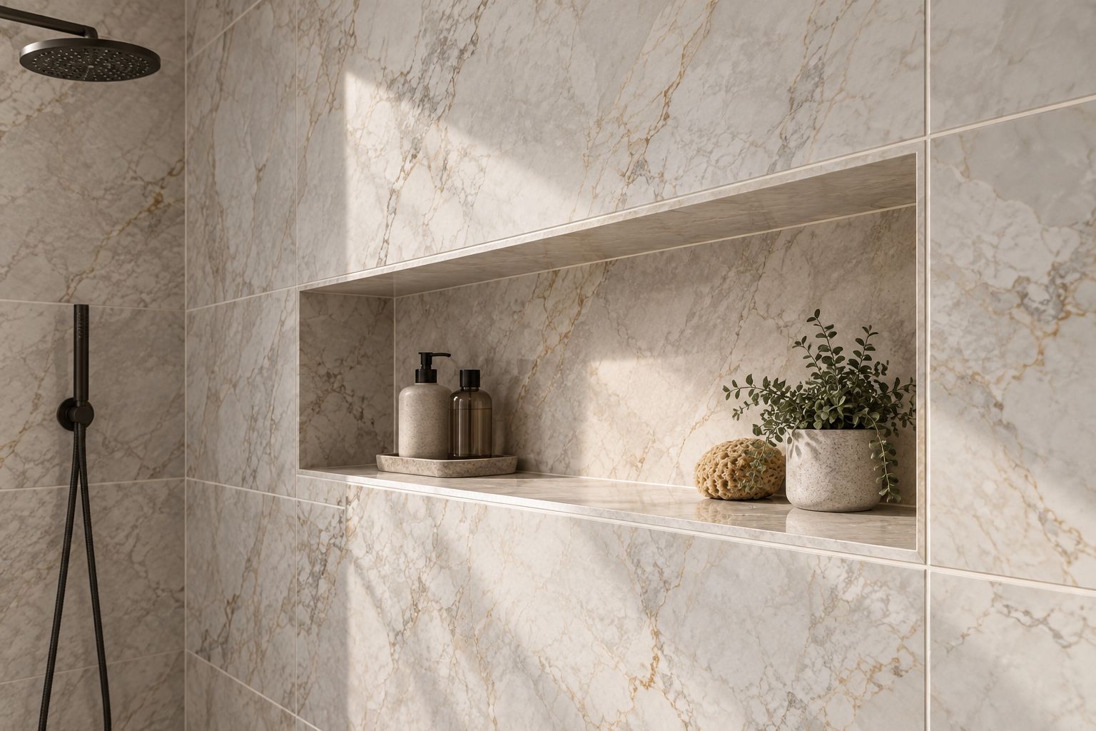 Porcelain shower niche showing its sill, recessed sides, and perimeter edge treatment