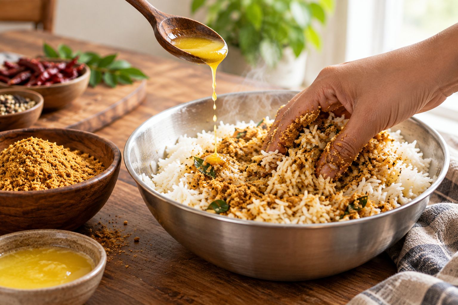 Hand mixing coarse podi and ghee into steamed rice