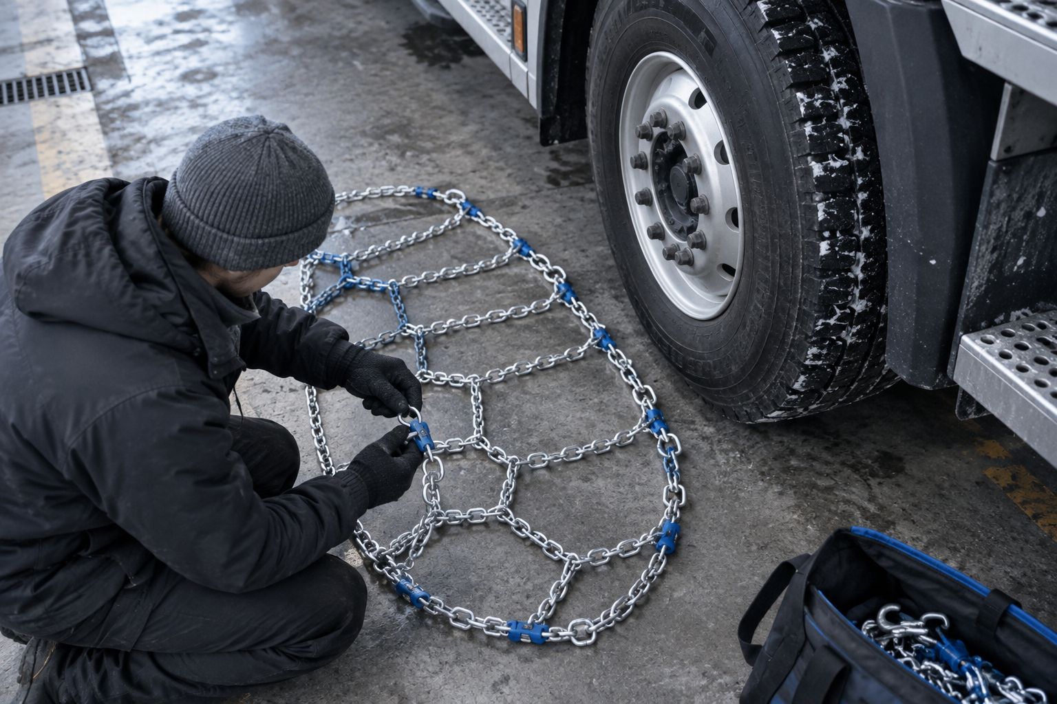 Worker inspecting tire-chain links and connectors beside a parked commercial truck