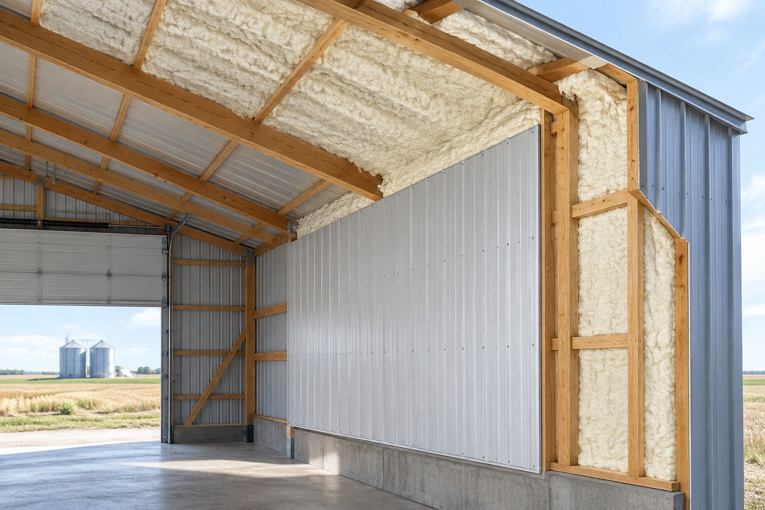 Cutaway of a farm workshop showing insulation, protective lining, framing, and an overhead door