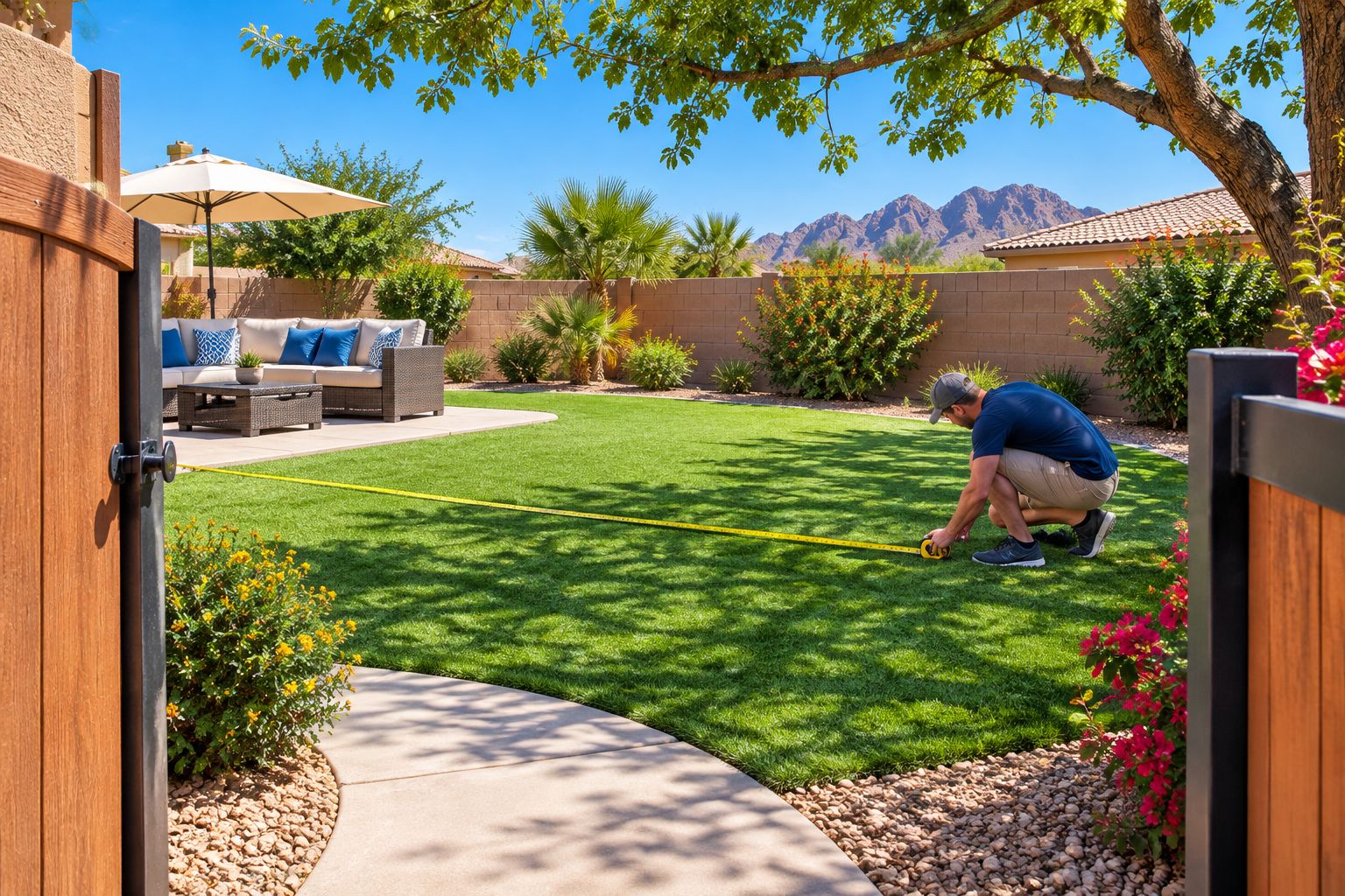 Measuring a backyard lawn while checking the side gate, access path and overhead branches