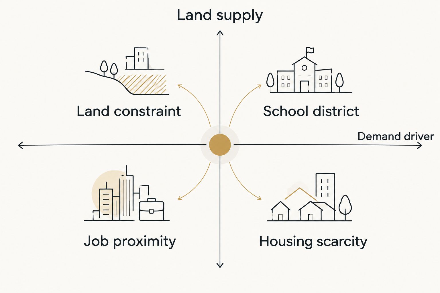 2x2 matrix showing land supply against demand driver with four appreciation criteria