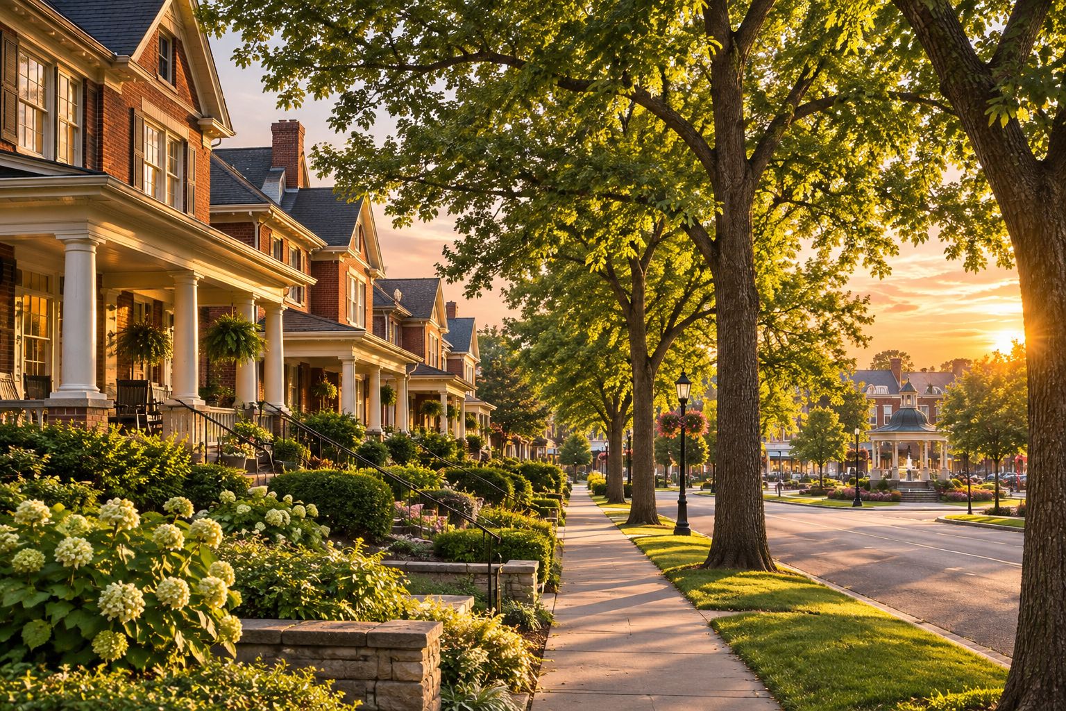 Tree-lined street of historic brick homes in a walkable Cincinnati neighborhood