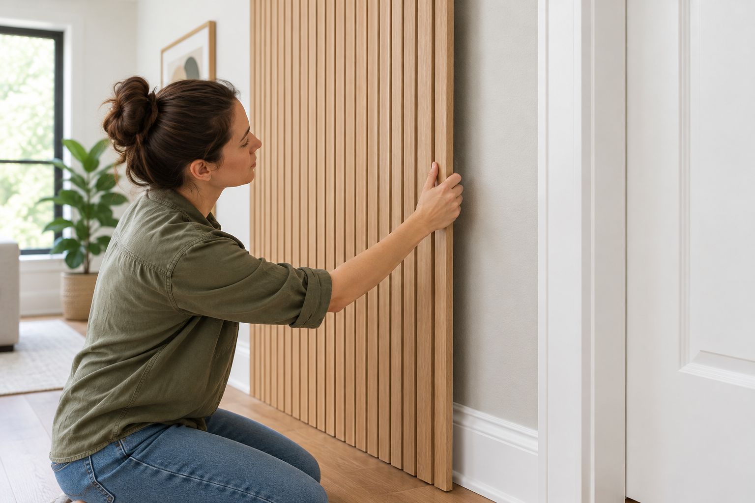 Dry-fitted wood panel showing how added wall thickness meets a door casing and baseboard