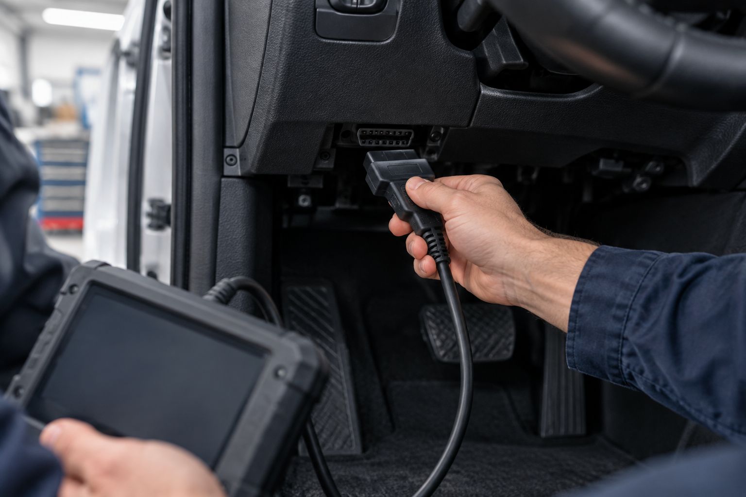 A diagnostic scanner cable being connected to a vehicle port beneath the dashboard