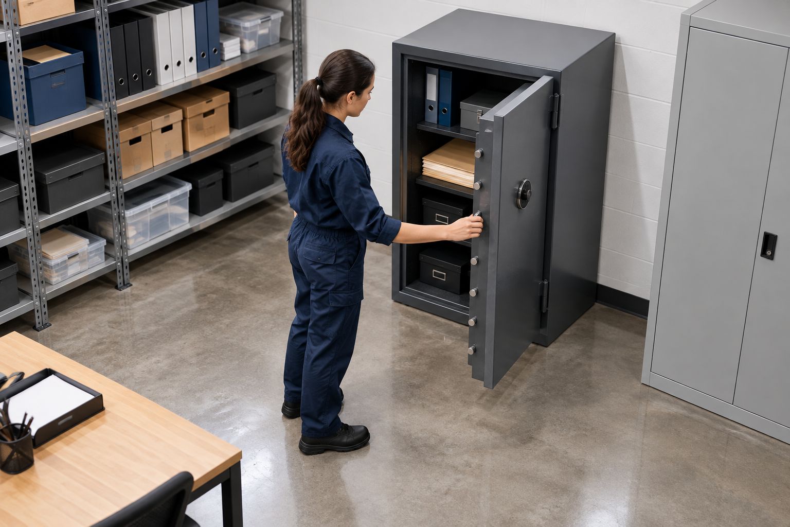 Office safe with clear door swing and standing space beside storage shelving