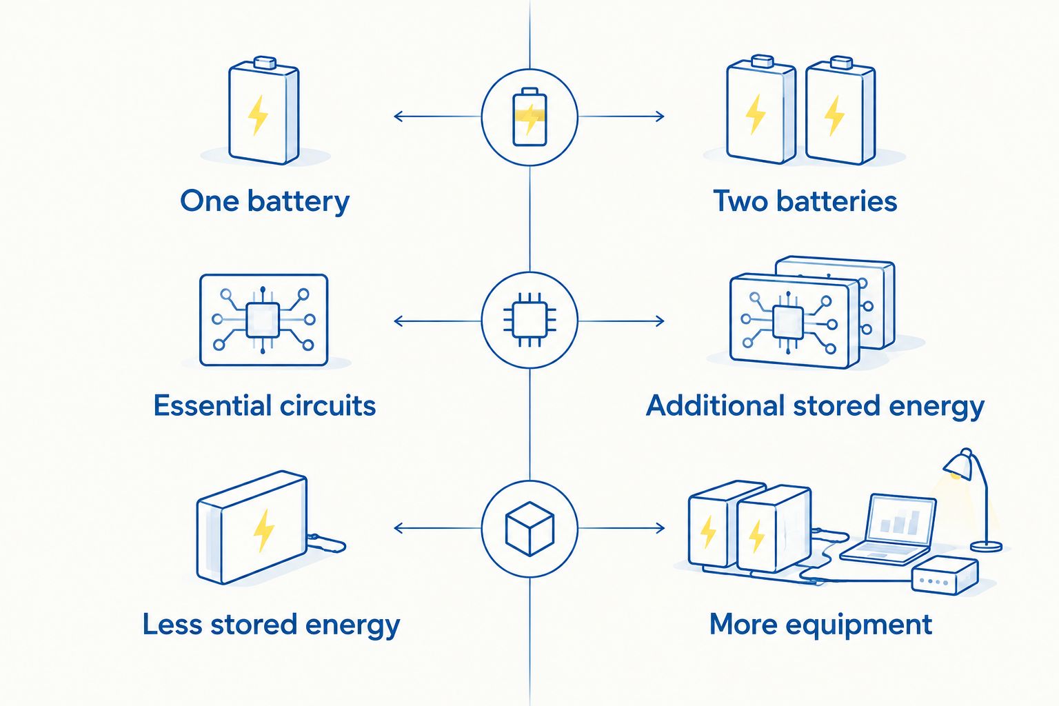 Comparison of one battery for essential circuits and two batteries for additional stored energy.
