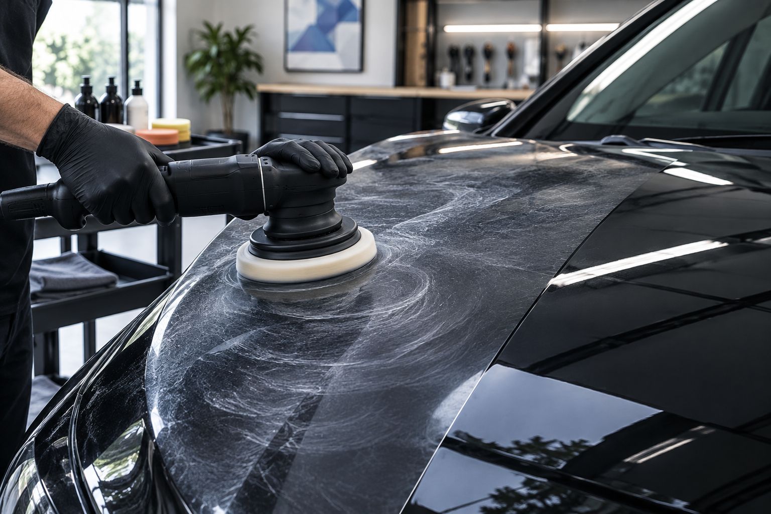 Dual-action polisher correcting swirl marks on a car hood