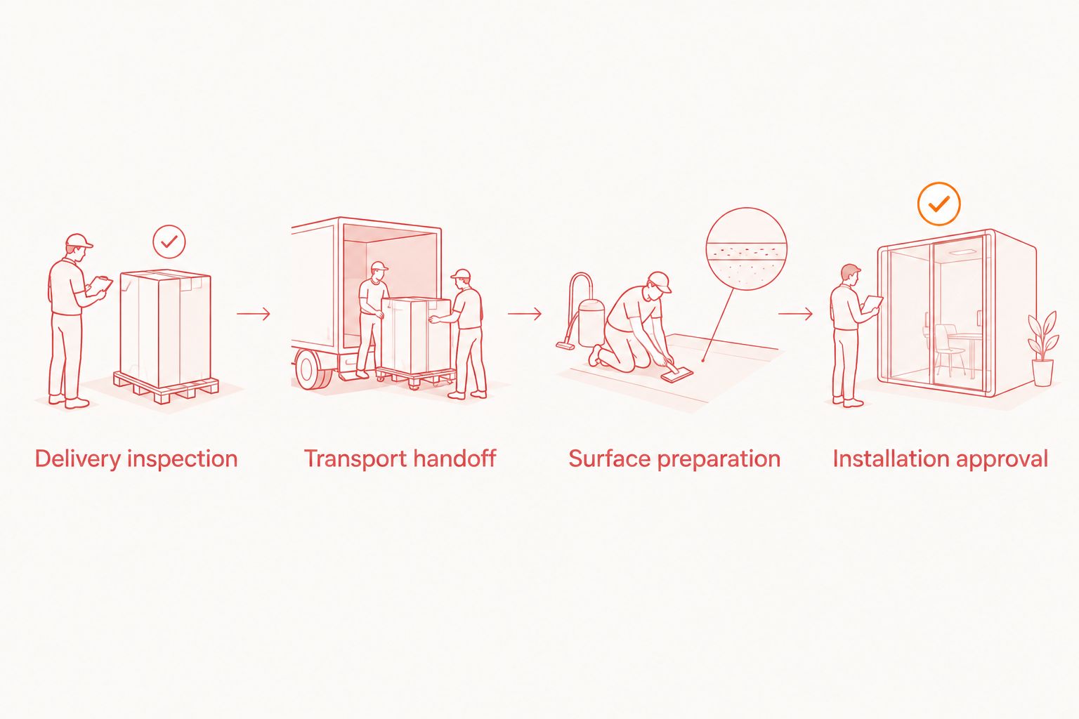 Sequence from delivery inspection through transport and preparation to installation approval