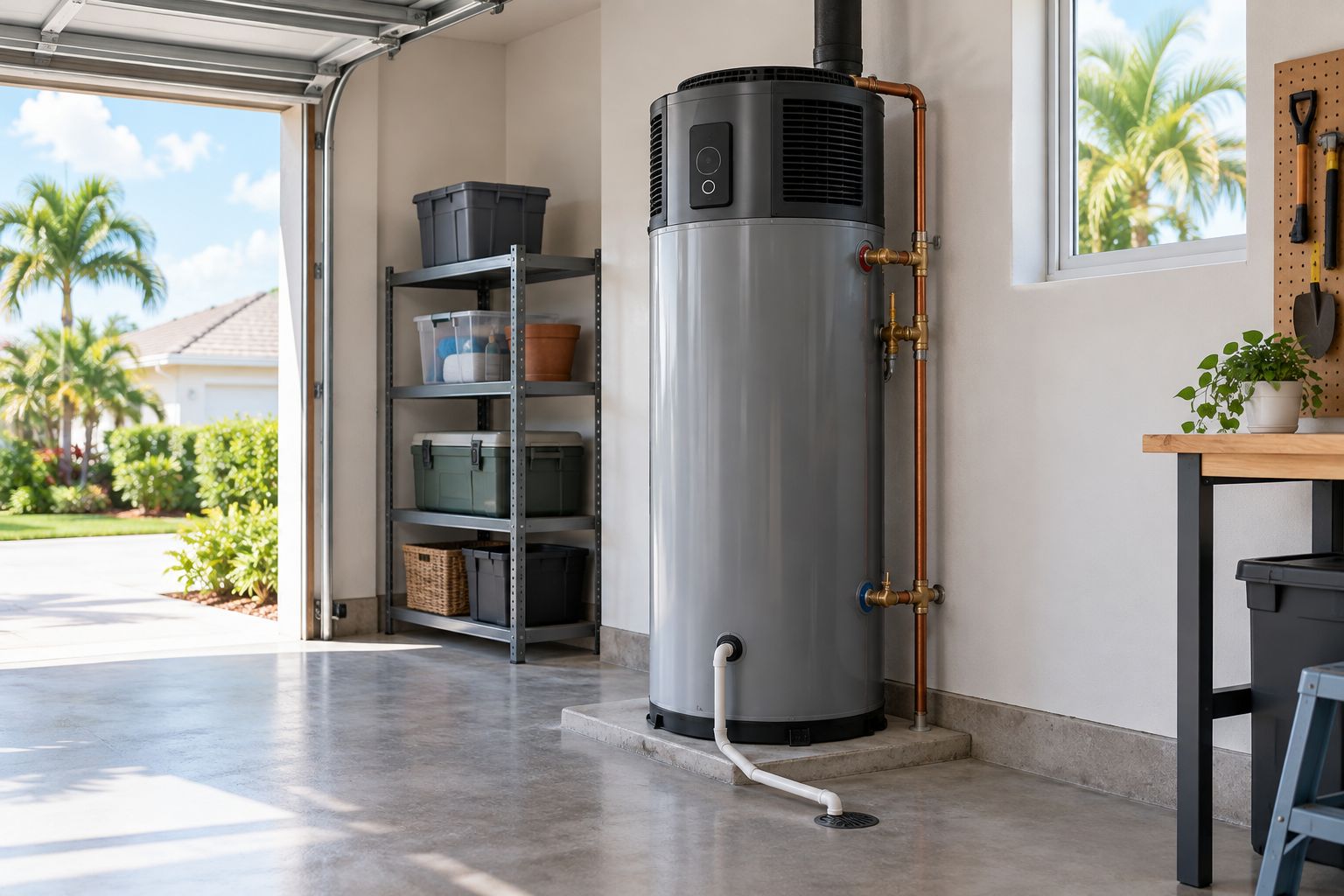 Heat pump water heater in a garage with clear surrounding space and a condensate drain