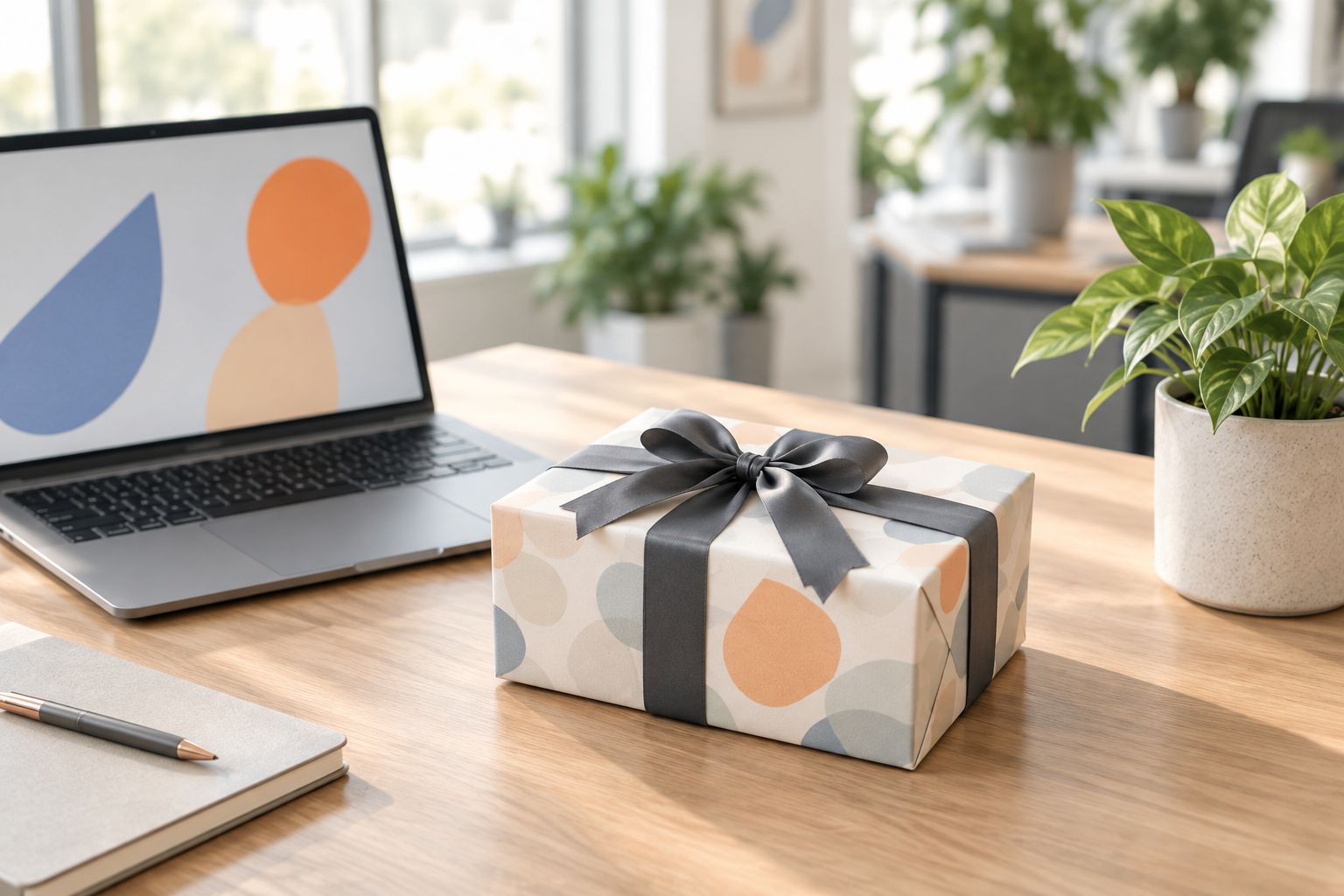 A wrapped anniversary gift box on an employee's office desk