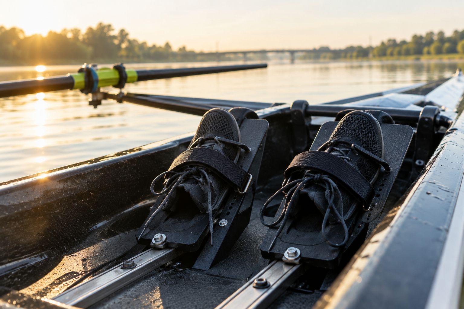 Rowing shell footplate with angled stretcher shoes bolted in place