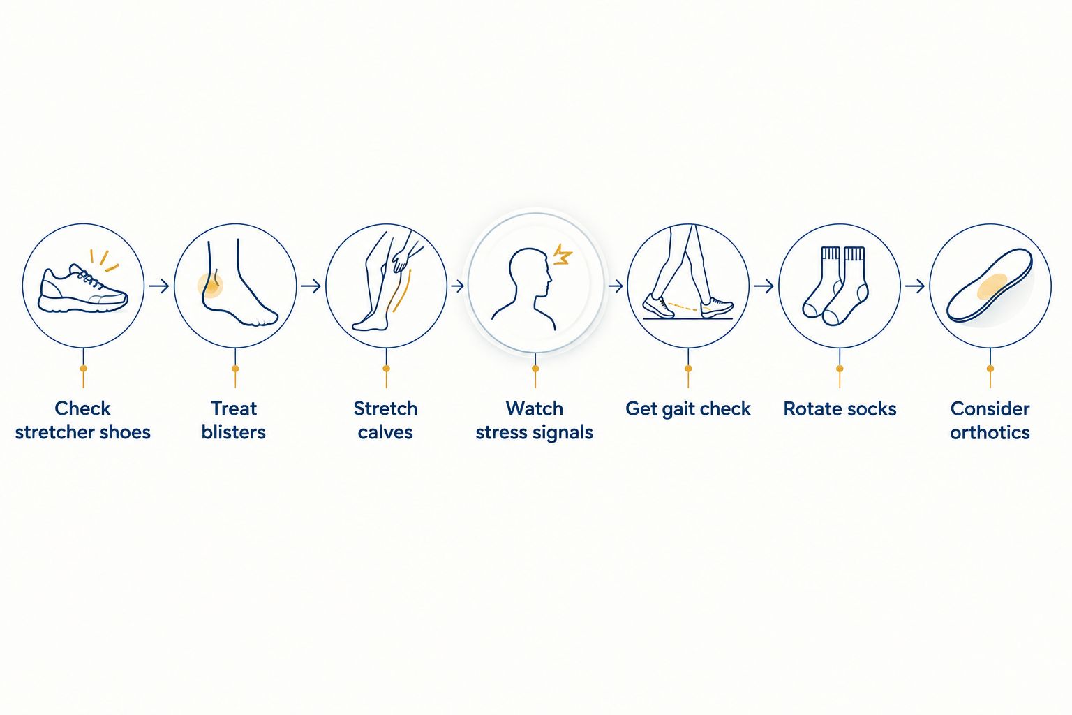 Seven-step sequence for rower foot care from stretcher shoe checks to orthotics