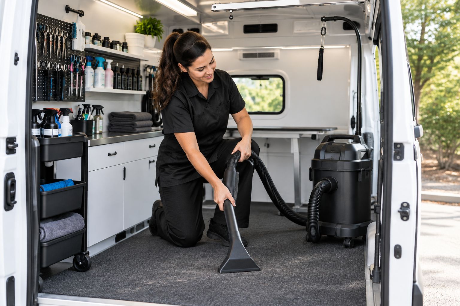 Pet hair removal tool being used on a van carpet floor