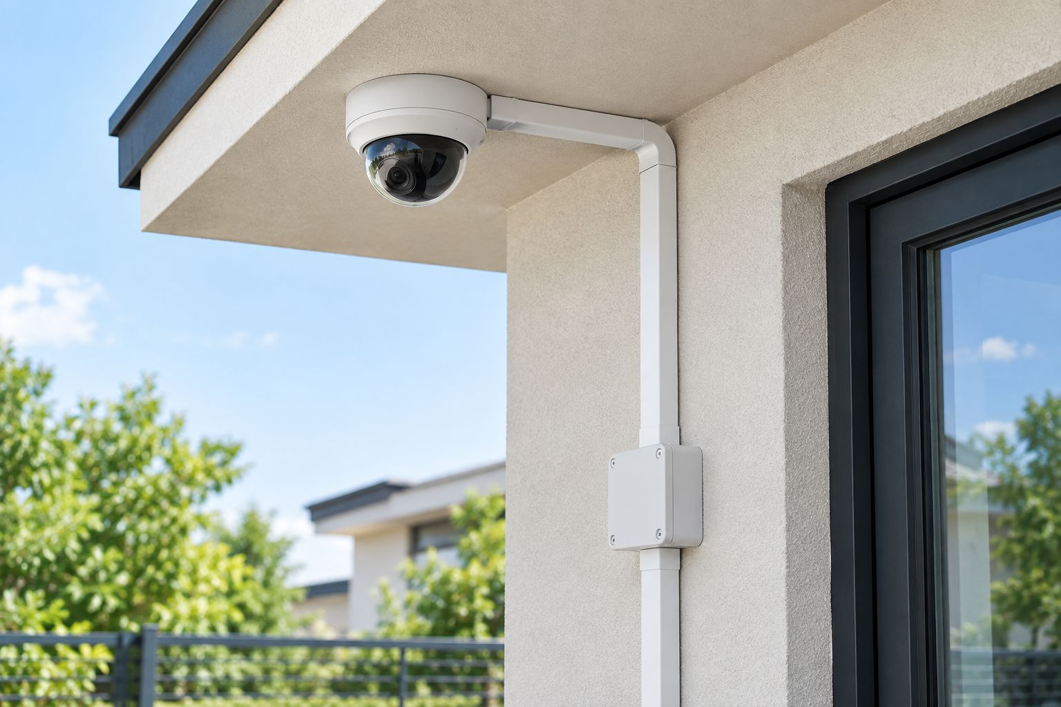 CCTV camera mounted on an exterior wall with cabling routed through trunking