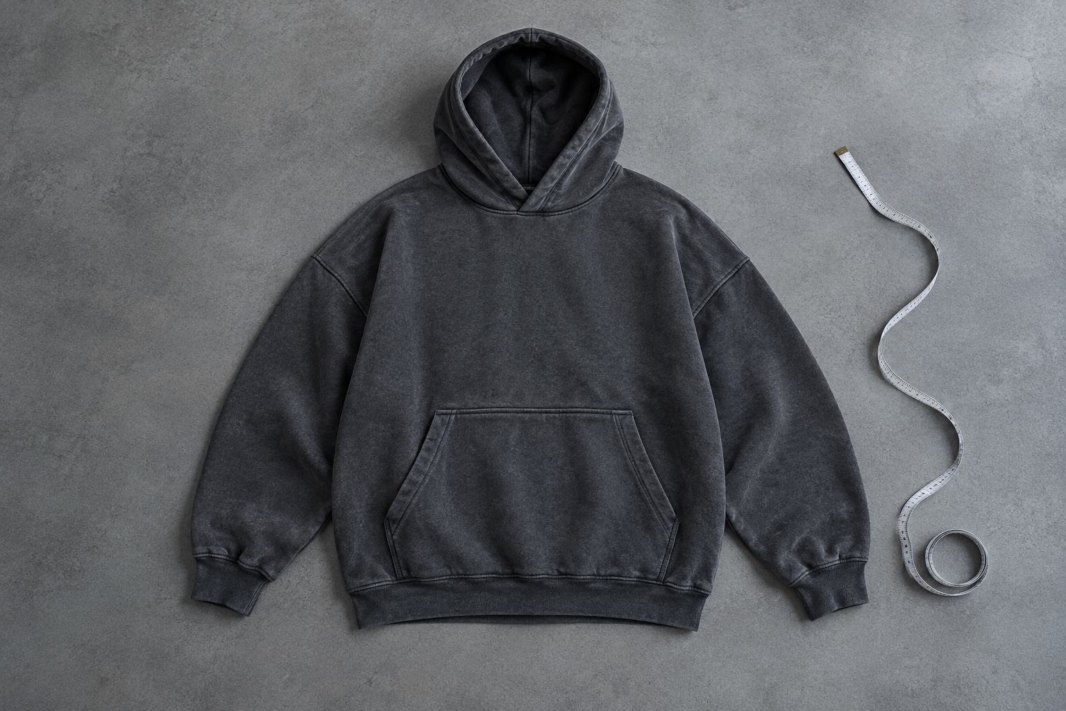 A plain hoodie laid flat for checking chest width, sleeve length, shoulder seams, and hem.