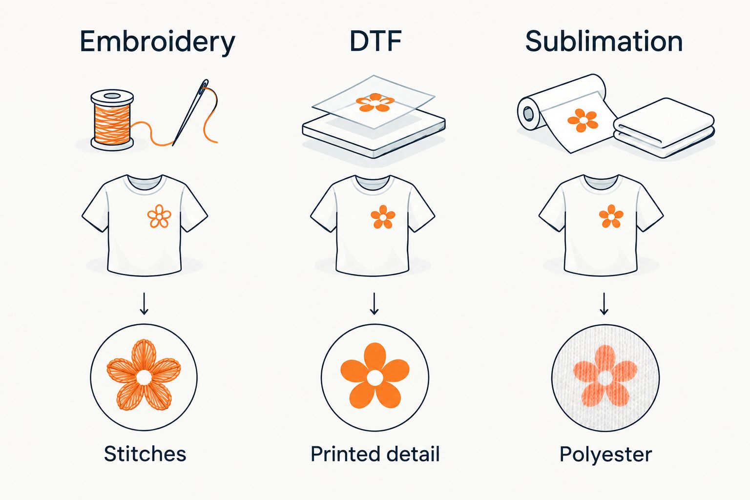 Comparison of embroidery stitches, DTF printed detail and sublimation on polyester