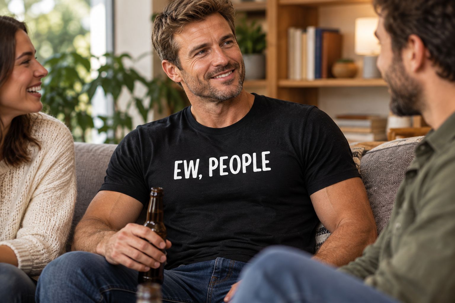 Adult wearing the Ew, People T-shirt at a casual gathering