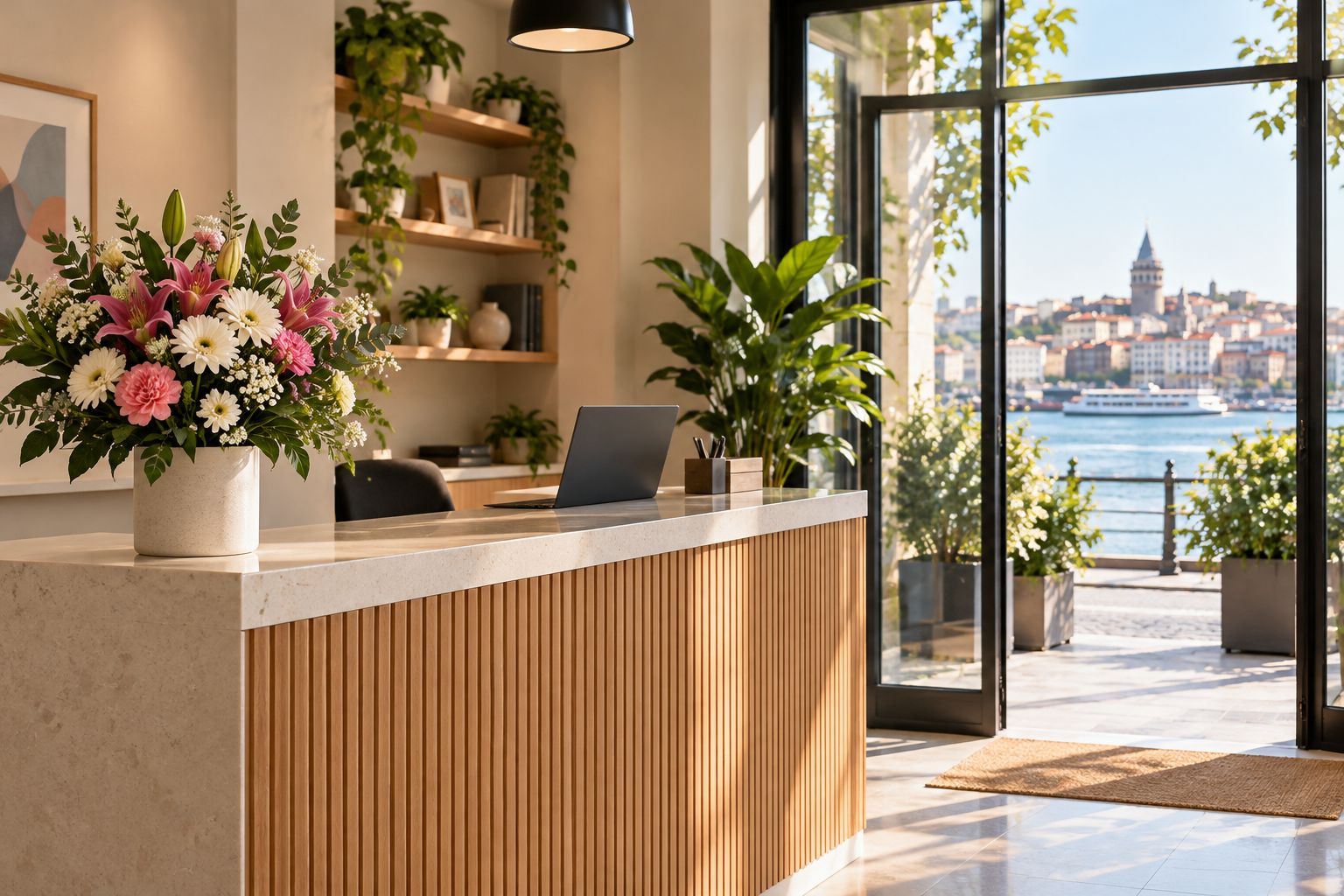 Flower arrangement placed beside a clear reception workspace and unobstructed entrance.
