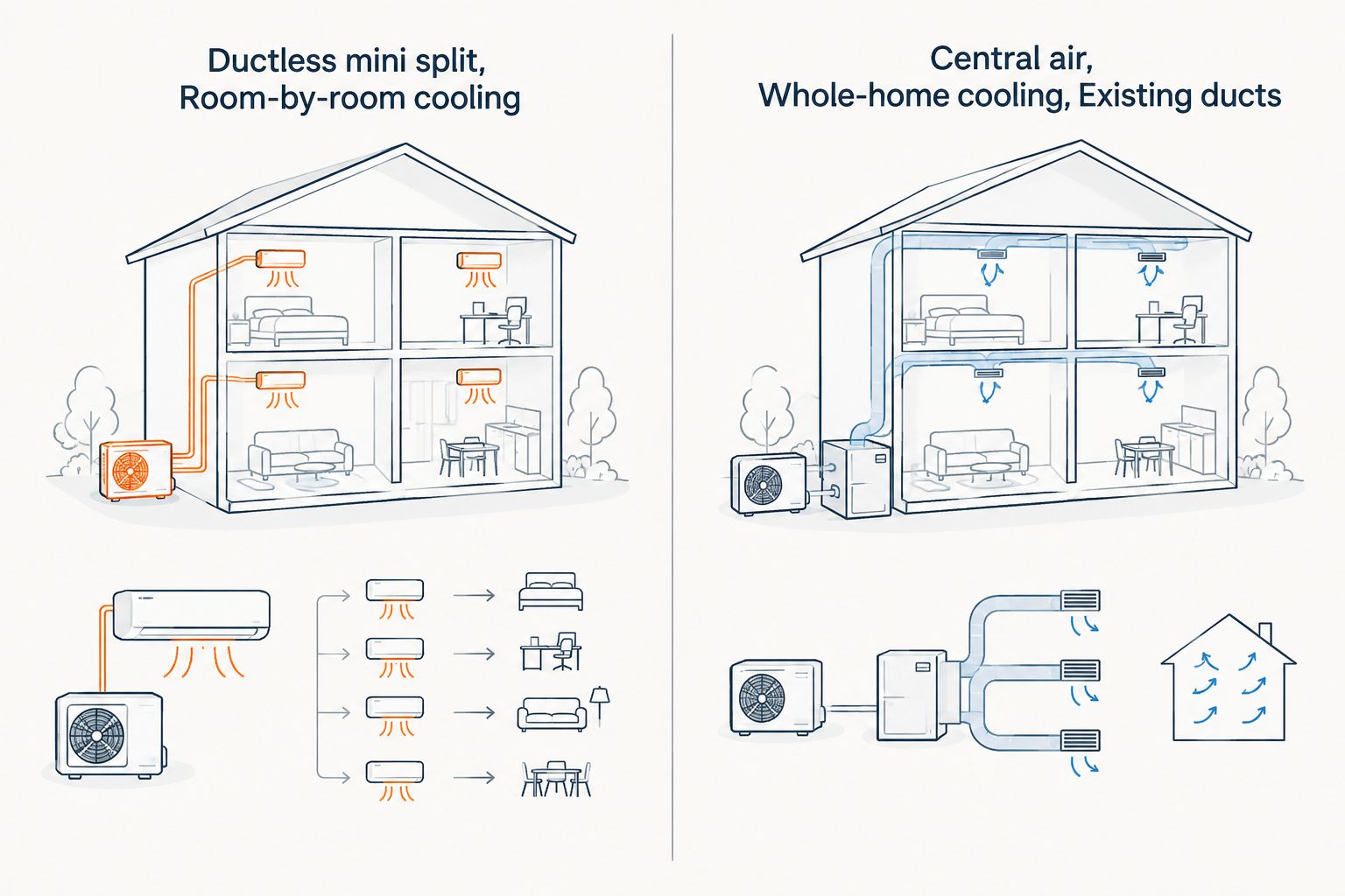 Two-column comparison of room-by-room ductless cooling and whole-home central air with existing ducts