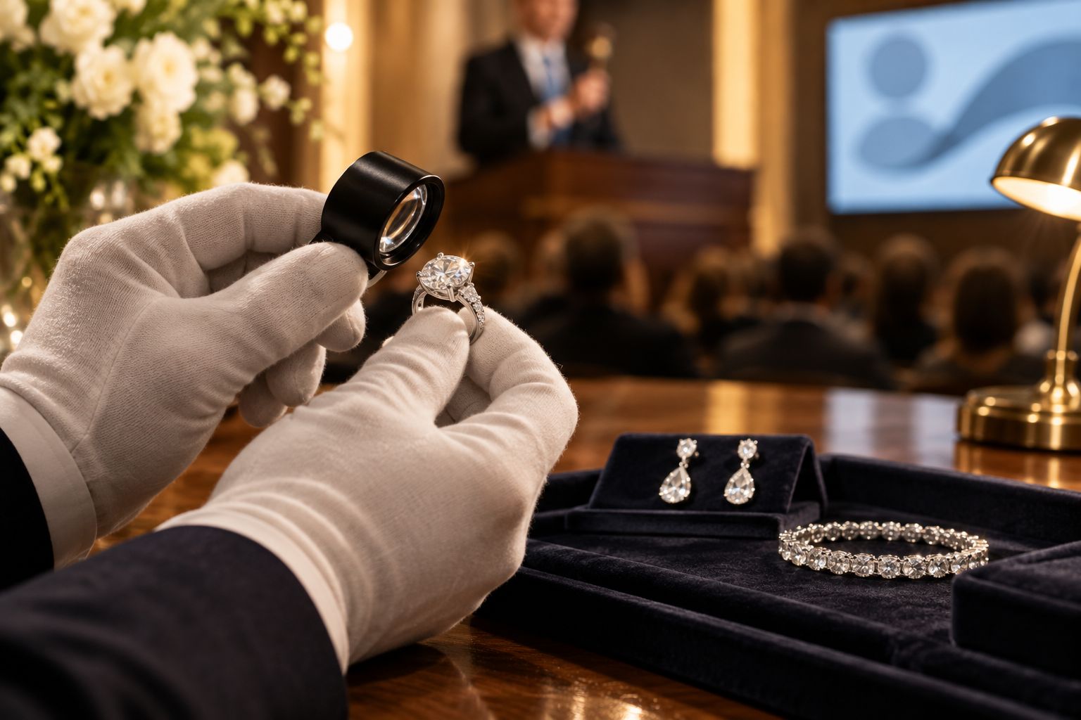 Jeweler examining a diamond ring with a loupe before an auction