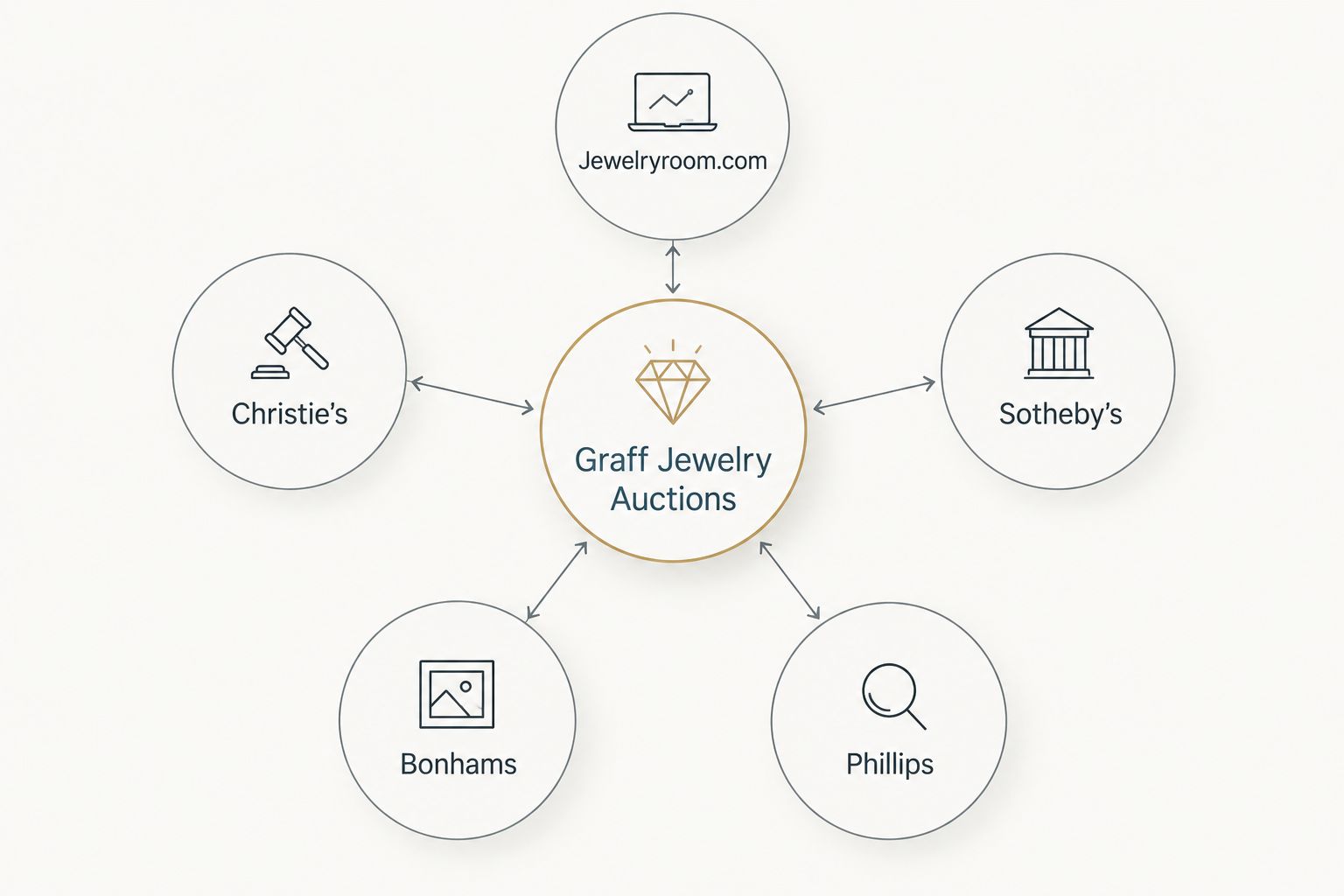 Diagram of five auction houses connected to a central graff jewelry auction hub