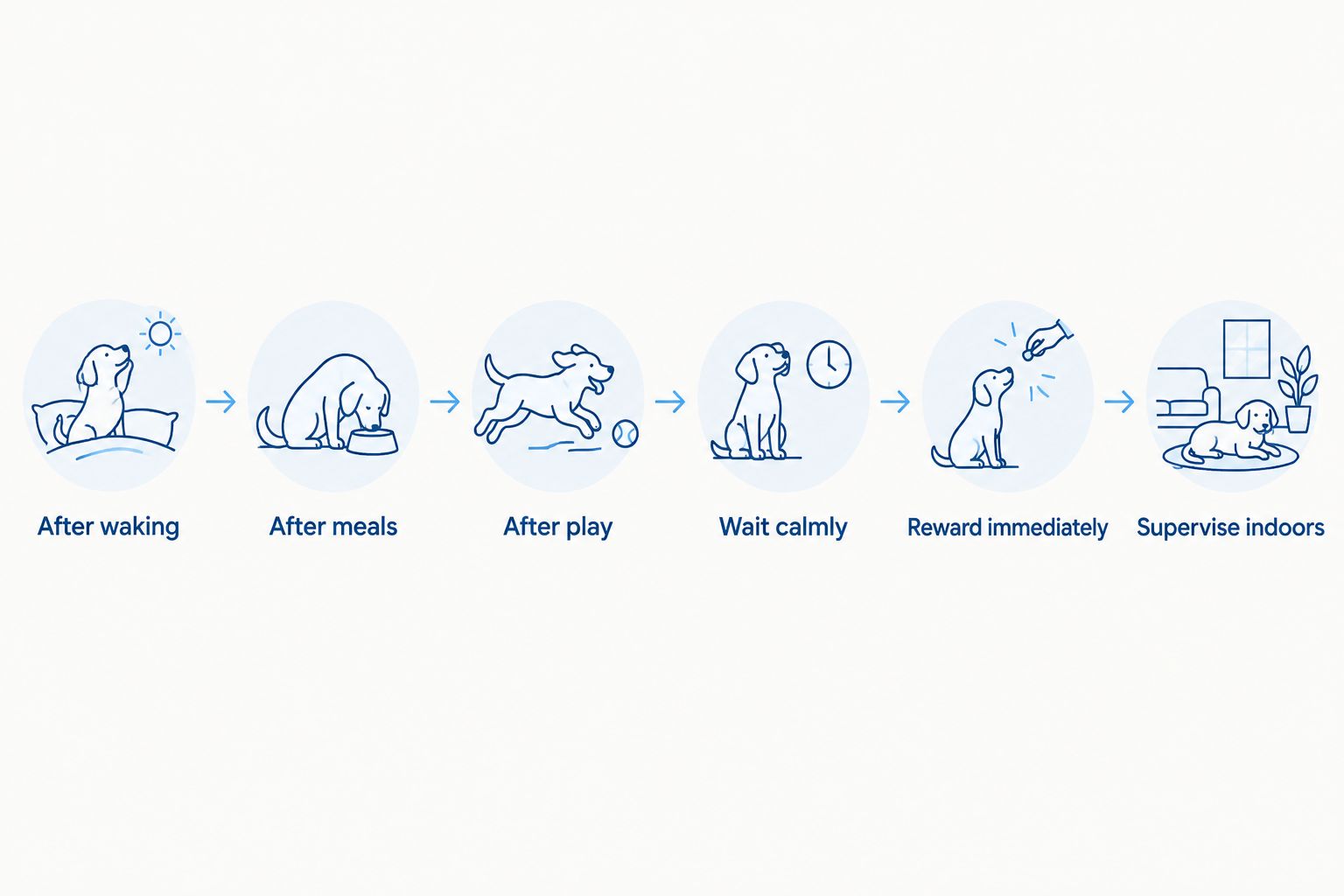 Potty-training steps from waking and meals through an outdoor reward and indoor supervision