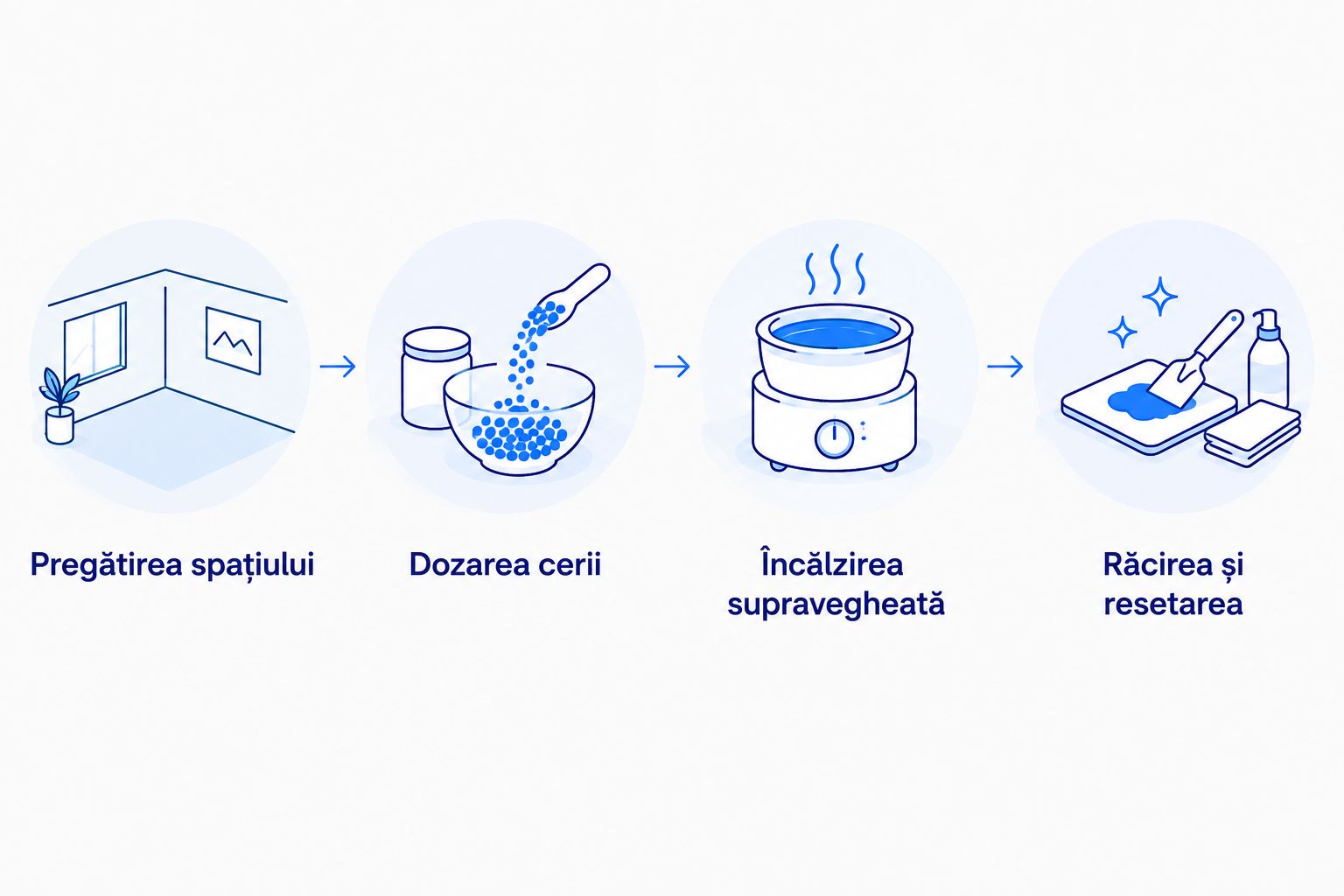 Cele patru etape ale folosirii wax melts, de la pregătirea spațiului la răcire și curățare.