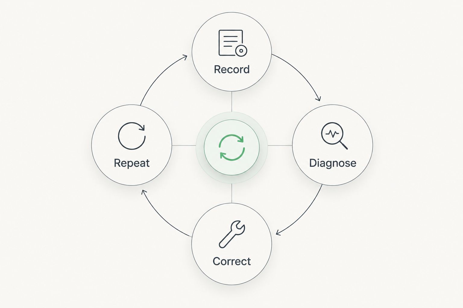 A practice loop connecting recording, diagnosis, correction, and repetition