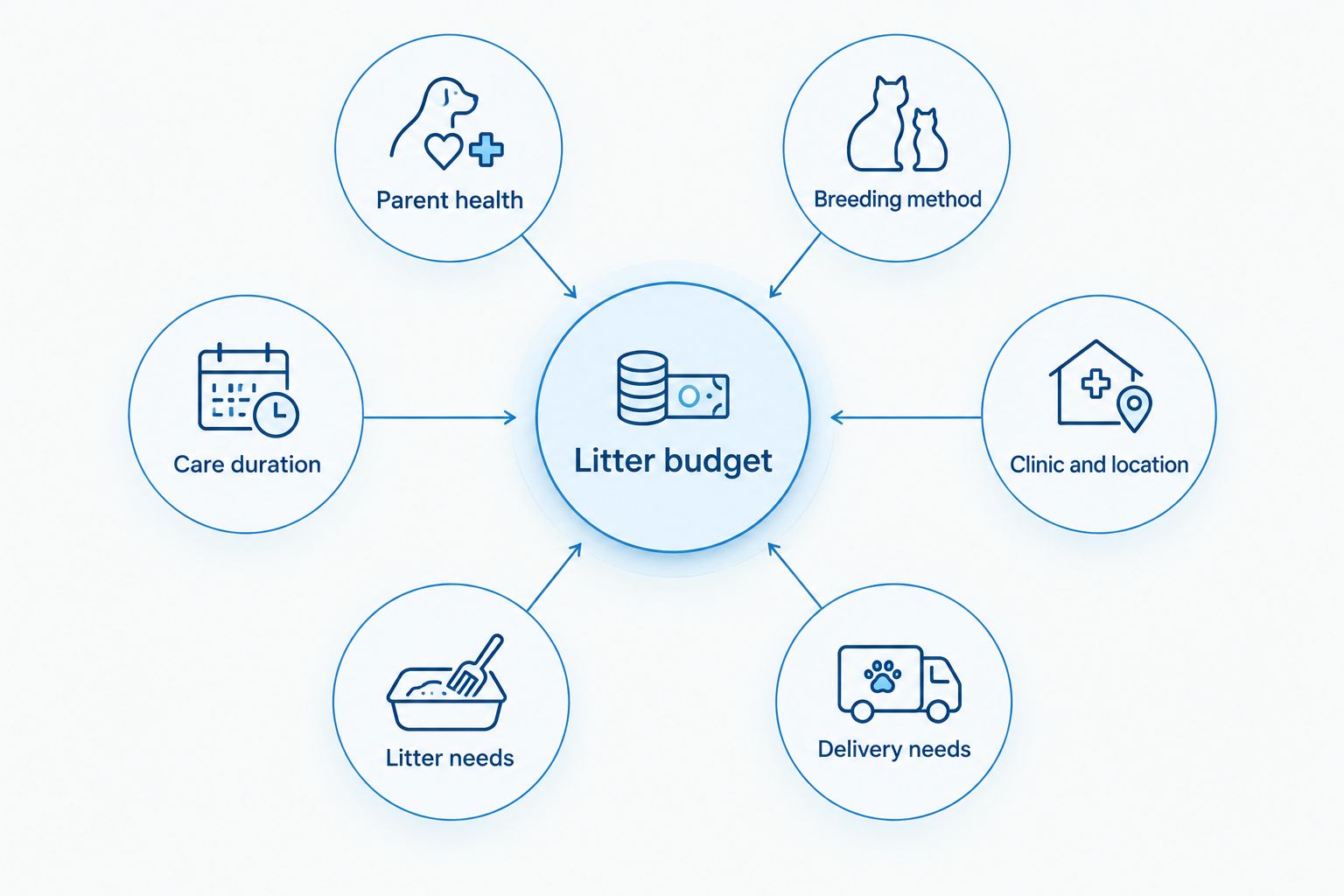 Litter budget connected to six drivers, including parent health, delivery needs, and care duration.