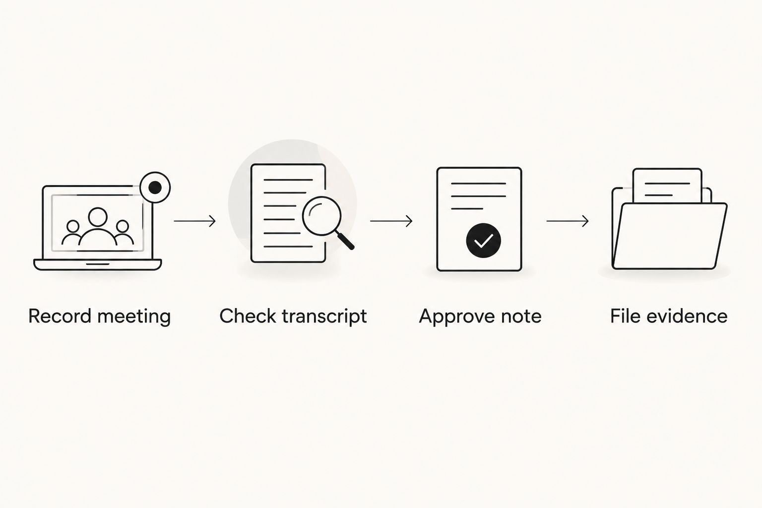 Four-stage process from recording an adviser meeting to filing its checked evidence