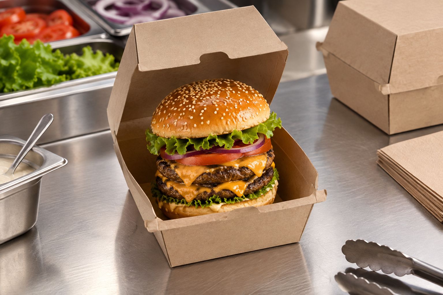 Large kraft burger box holding a tall burger on a takeaway packing bench