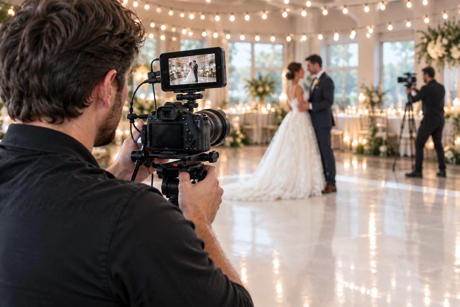 Two videographers filming a wedding reception first dance with multiple cameras