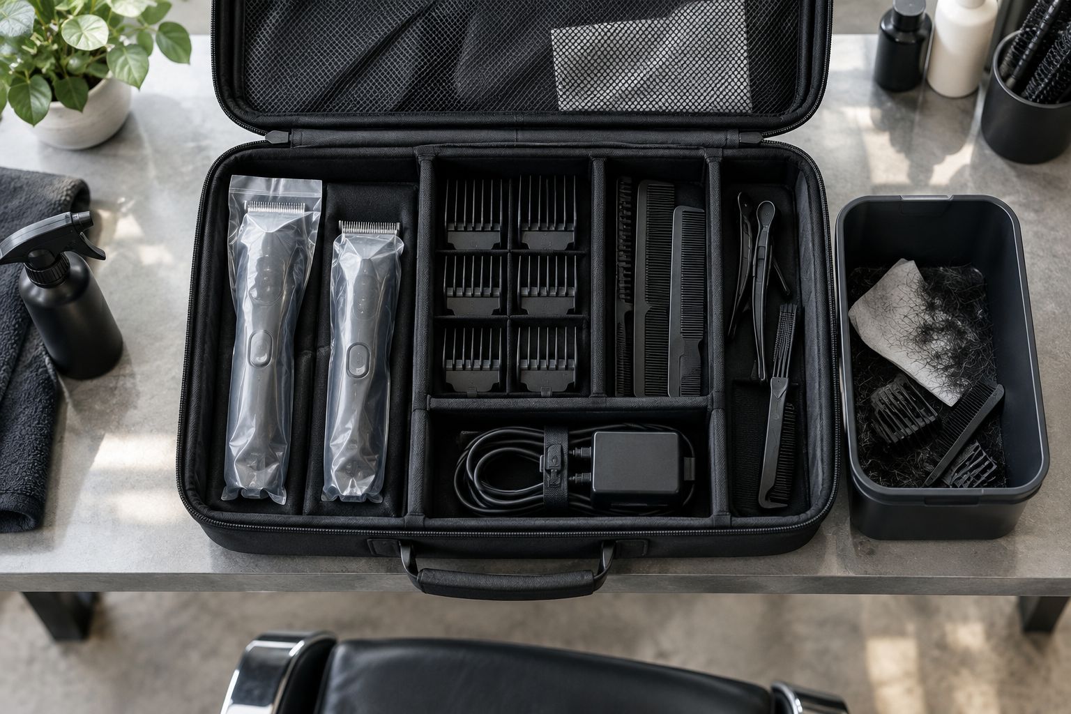 Portable clipper kit with protected blades, separated guards and a separate container for used tools