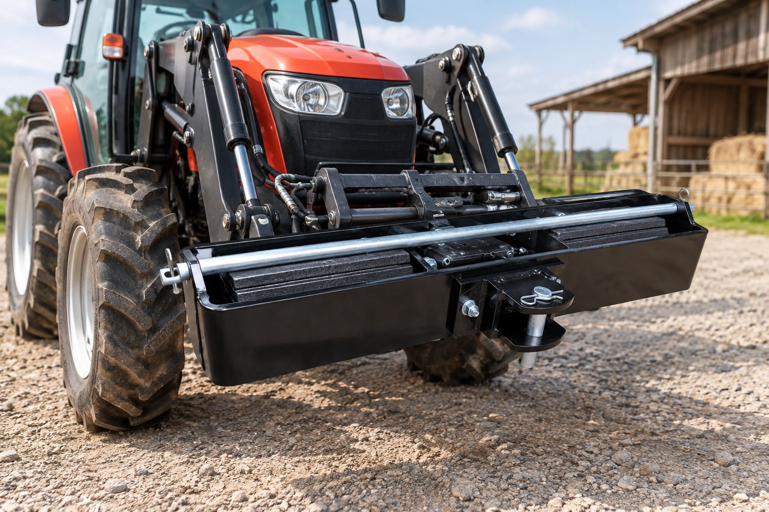 Sierra front weight bracket mounted on a compact tractor holding suitcase weight plates