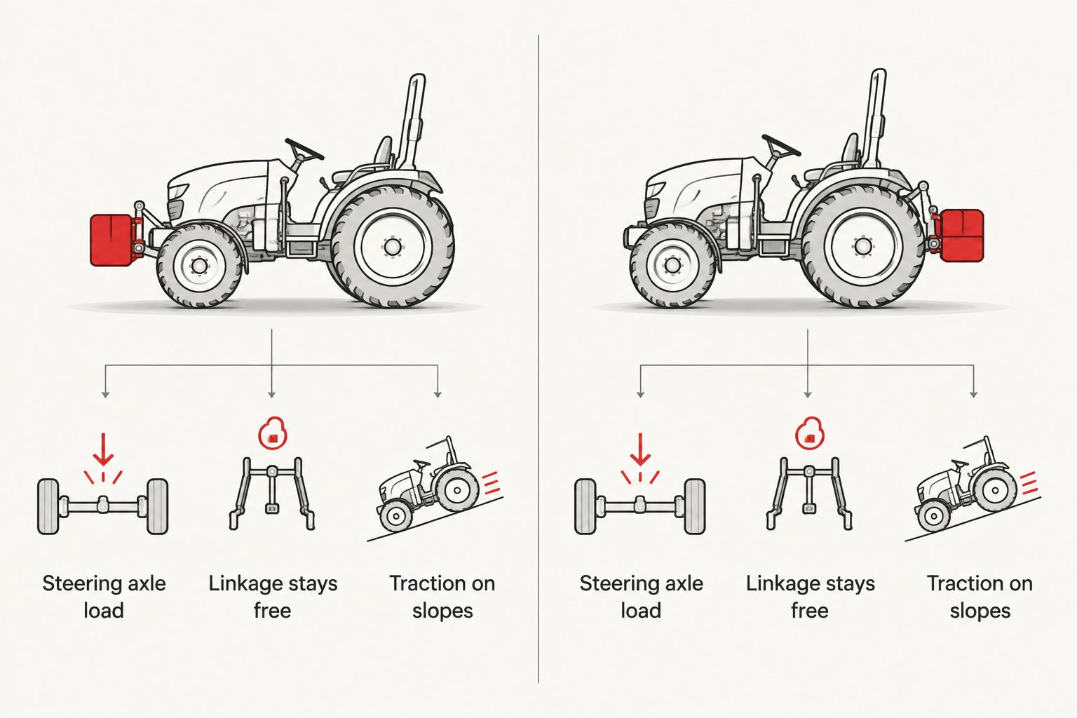 Two-column diagram comparing front-mounted and rear-mounted tractor ballast