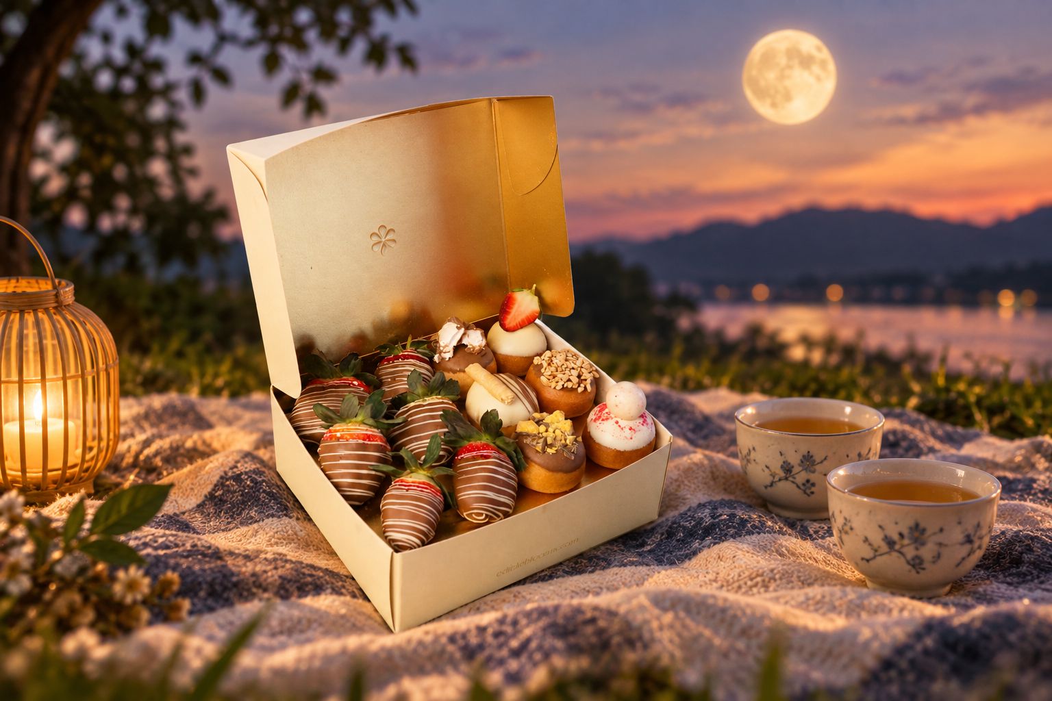Donut and strawberry gift box on a blanket at dusk with the moon rising
