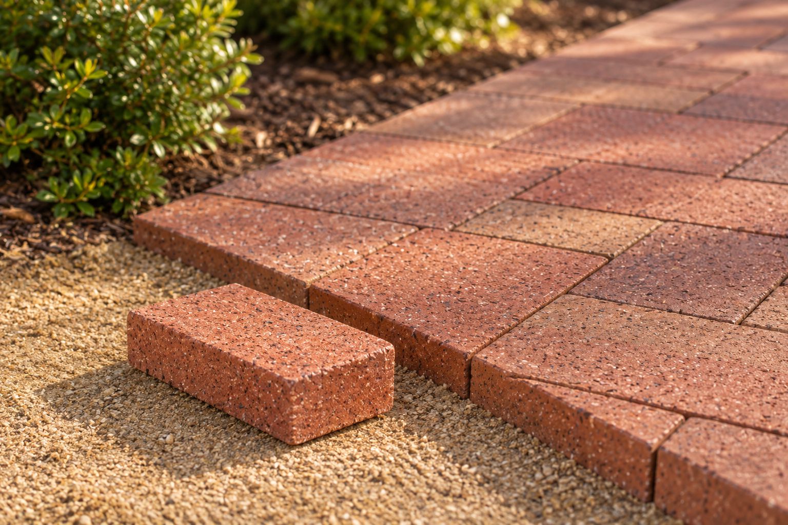 A plain brick sample beside an outdoor walkway for comparing materials