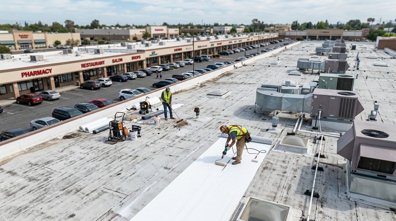 Flat roof repair for strip malls and shopping centers