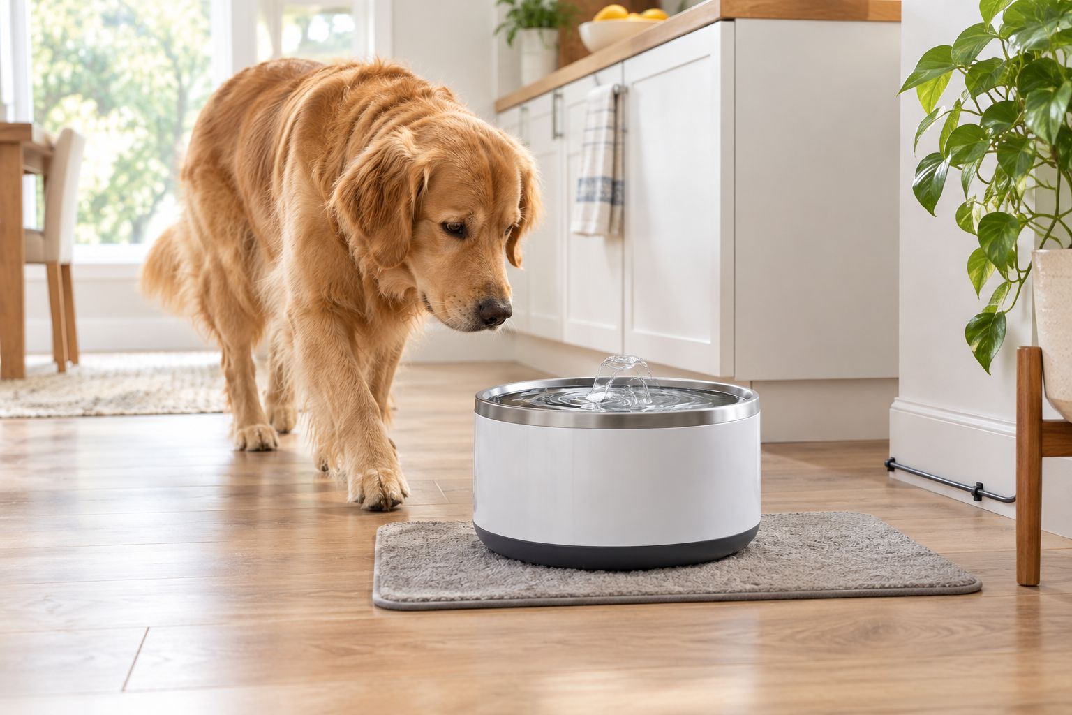 Dog approaching a water fountain on a mat with clear access and a safely routed cord