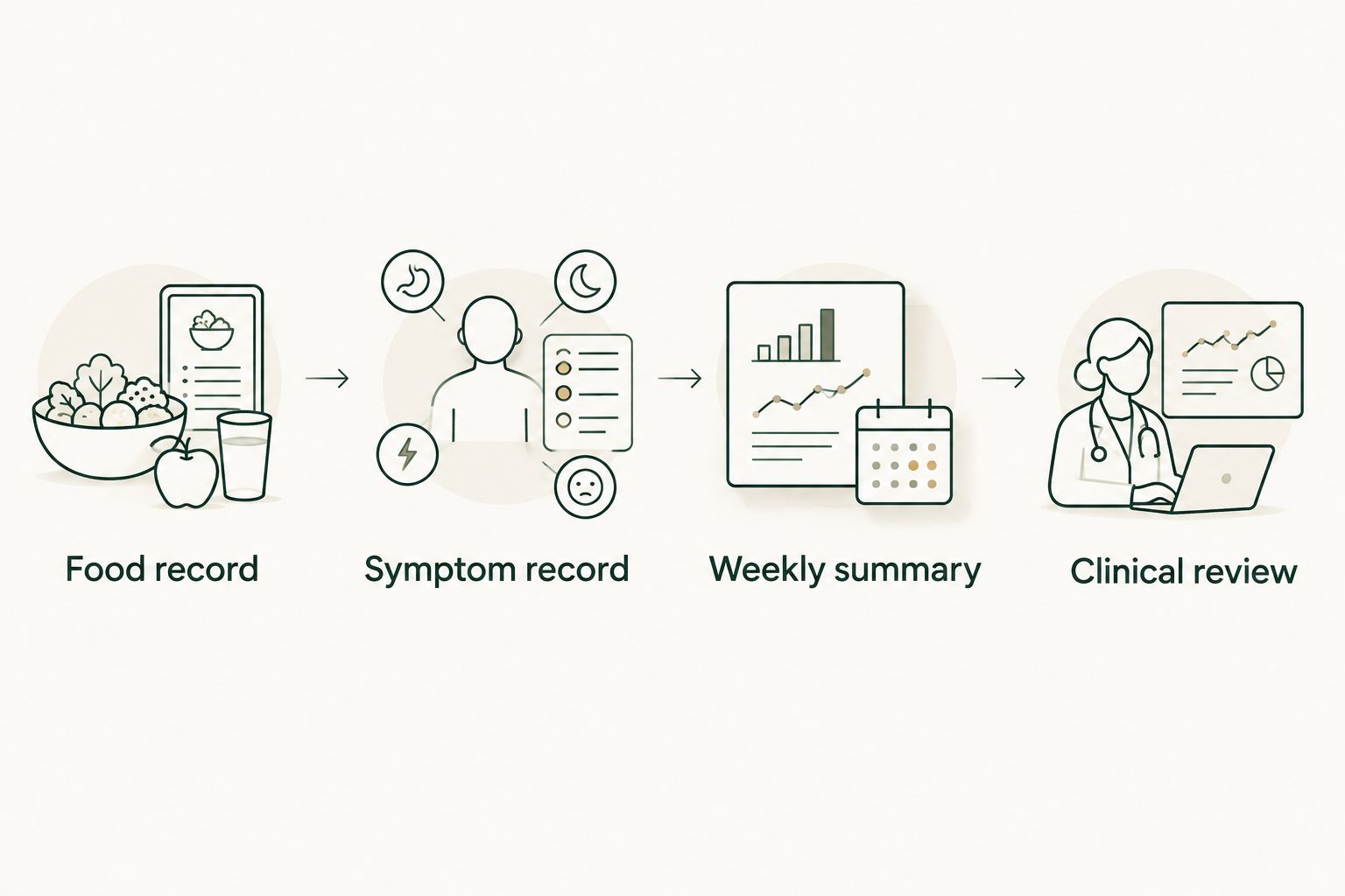 Four steps connecting food and symptom records to a weekly summary and clinical review