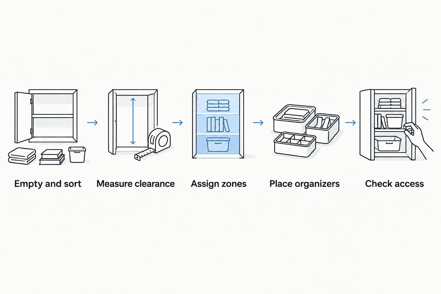 Five steps for sorting vanity contents, measuring clearance, assigning zones, and checking organizer access