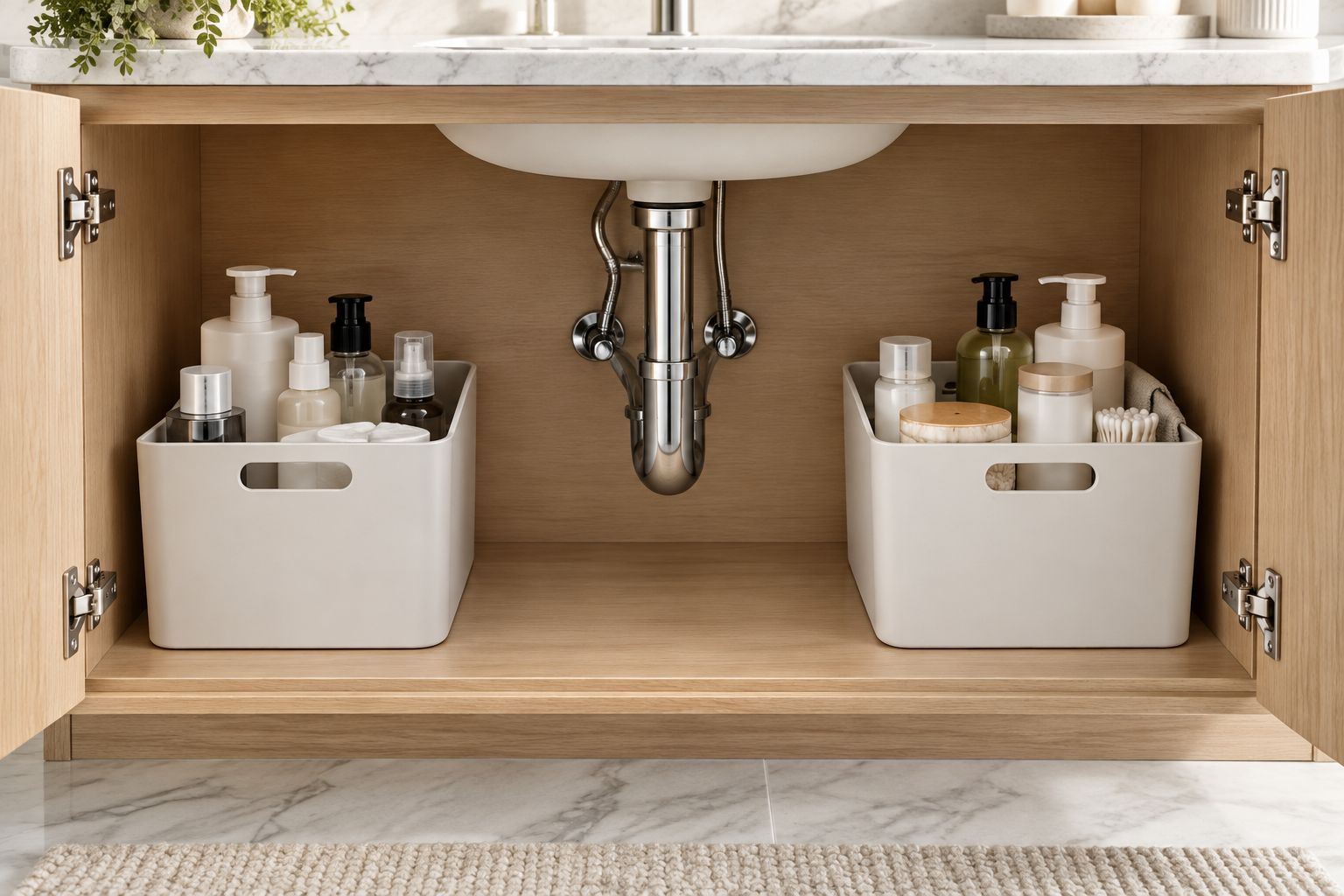 Bathroom vanity cabinet with separate bins beside the plumbing and room to reach their contents
