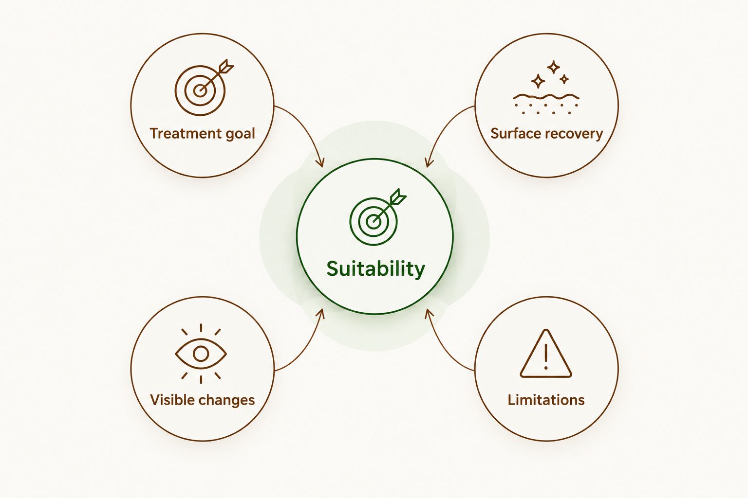 Suitability connects treatment goals, surface recovery, visible changes and limitations.